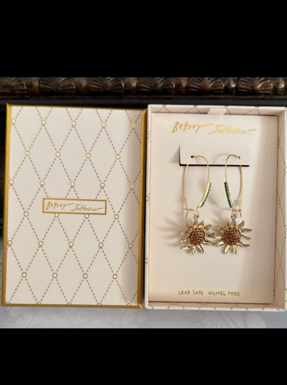 Betsey Johnson Gold Sunflower Hoop Earrings with Green Accents NIB